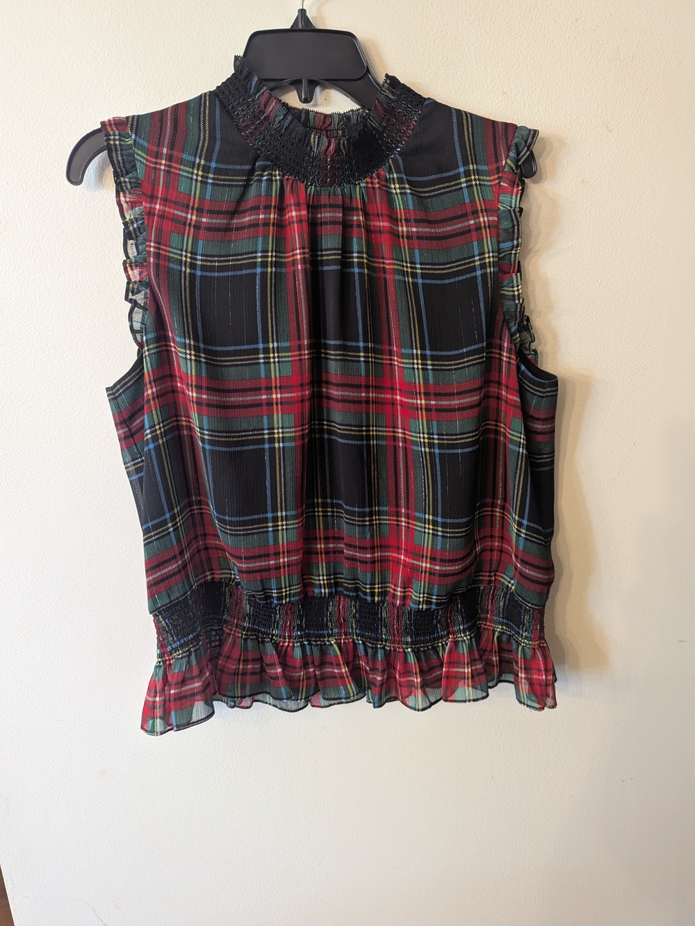 J Crew Plaid Smocked Neck Sleeveless Top - Black & Red Women's 14